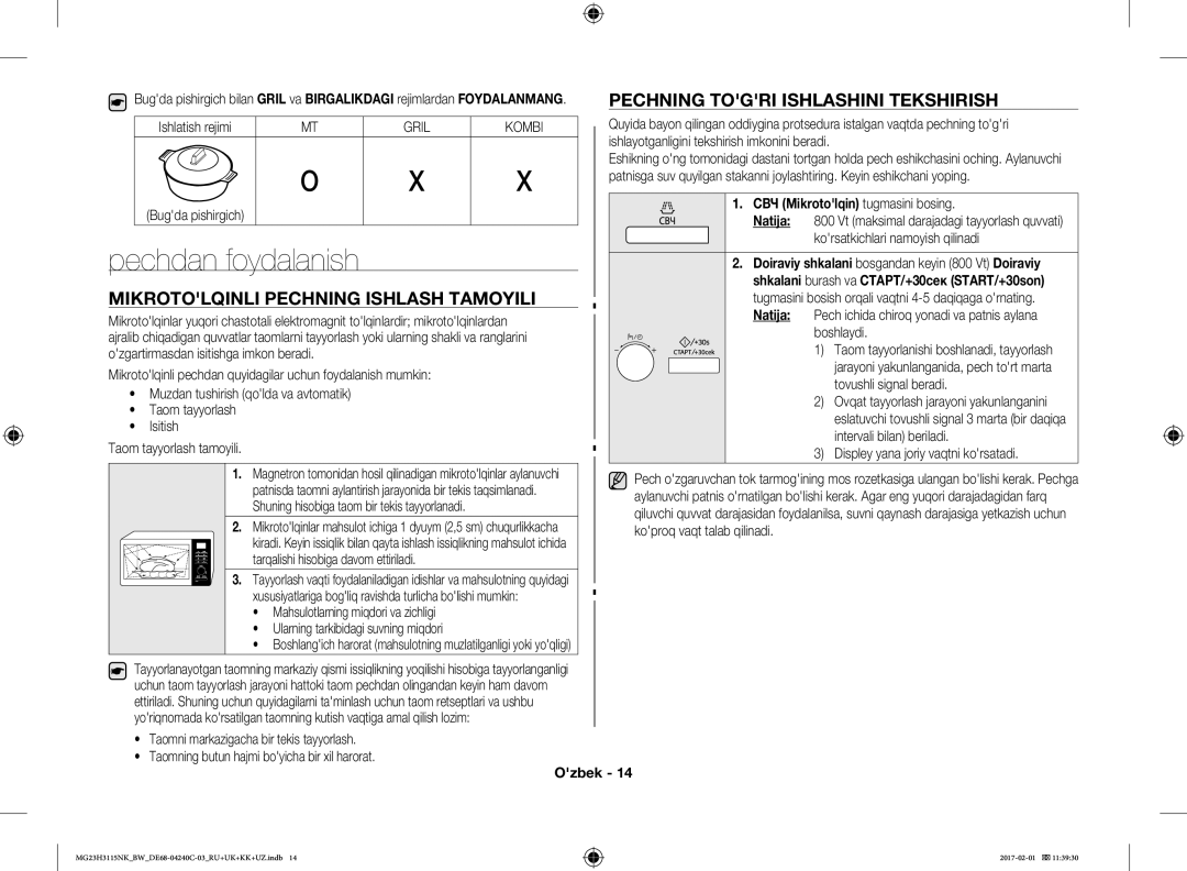 Samsung MG23H3115NW/BW, MG23H3115NK/BW manual Pechning Togri Ishlashini Tekshirish, Mikrotolqinli Pechning Ishlash Tamoyili 