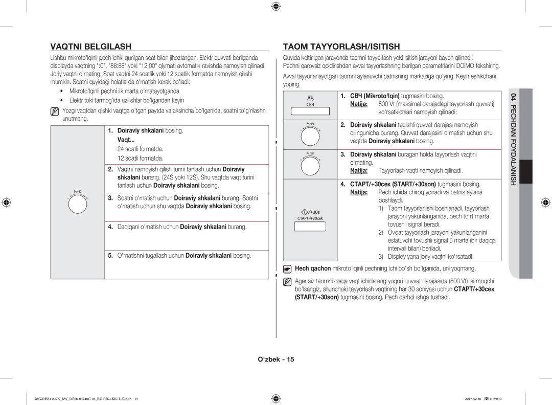 Samsung MG23H3115NK/BW, MG23H3115NW/BW manual Vaqtni Belgilash, Taom TAYYORLASH/ISITISH, Doiraviy shkalani bosing Vaqt 