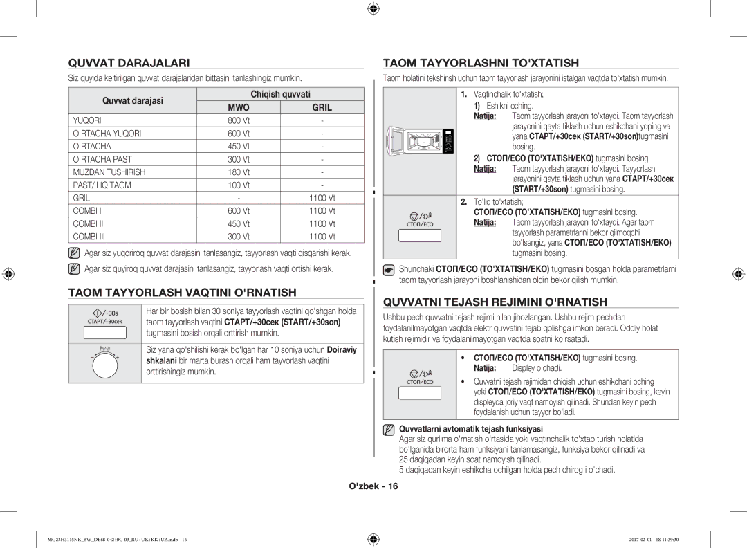 Samsung MG23H3115NW/BW, MG23H3115NK/BW manual Quvvat Darajalari Taom Tayyorlashni Toxtatish, Quvvat darajasi Chiqish quvvati 