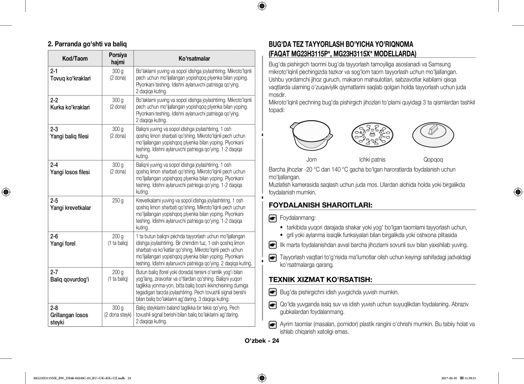 Samsung MG23H3115NW/BW, MG23H3115NK/BW manual Parranda goshti va baliq, Foydalanish Sharoitlari, Texnik Xizmat Korsatish 