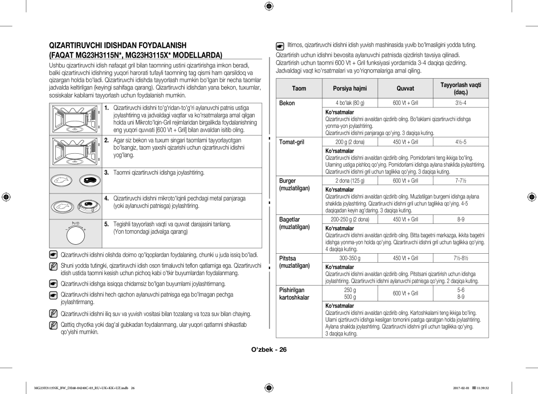 Samsung MG23H3115NW/BW, MG23H3115NK/BW manual Yoki aylanuvchi patnisga joylashtiring, Bekon, Burger, Bagetlar 