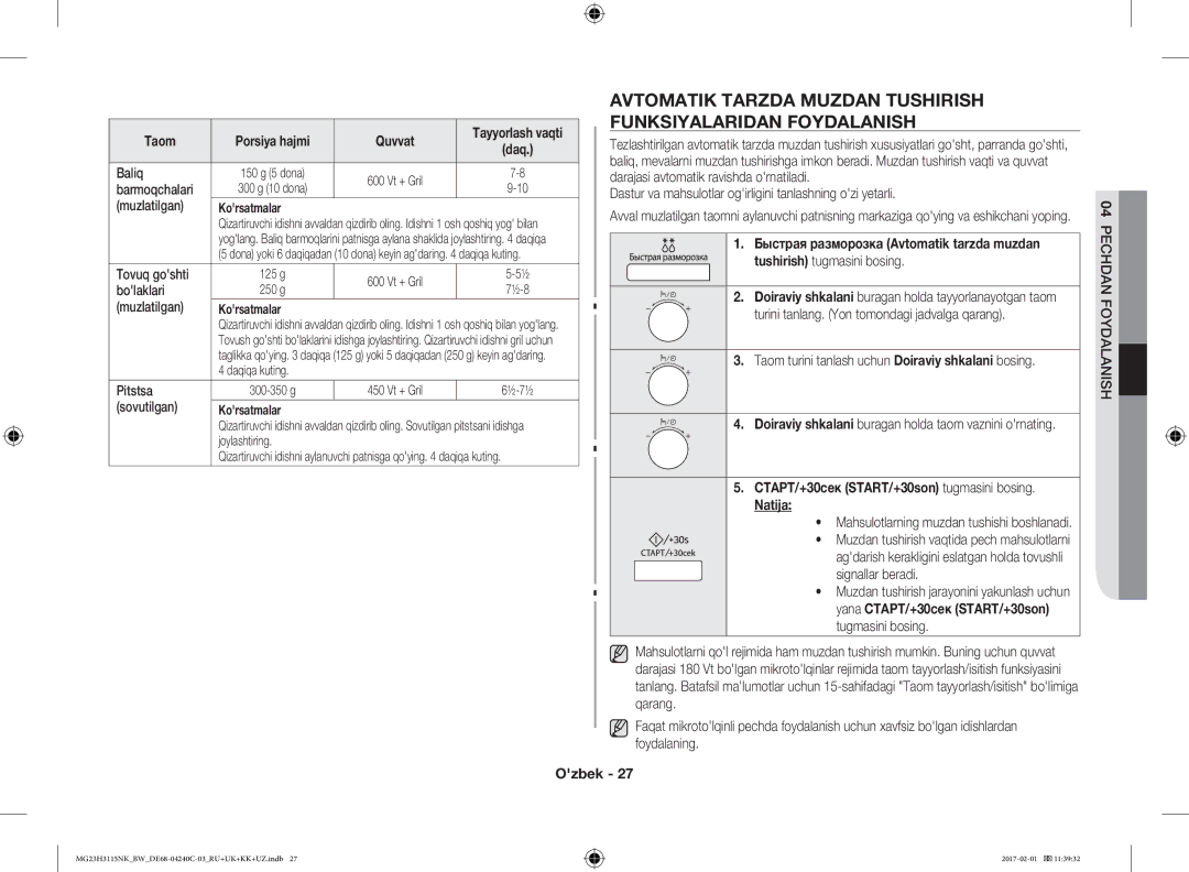 Samsung MG23H3115NK/BW, MG23H3115NW/BW manual СТАРТ/+30сек START/+30son tugmasini bosing Natija 