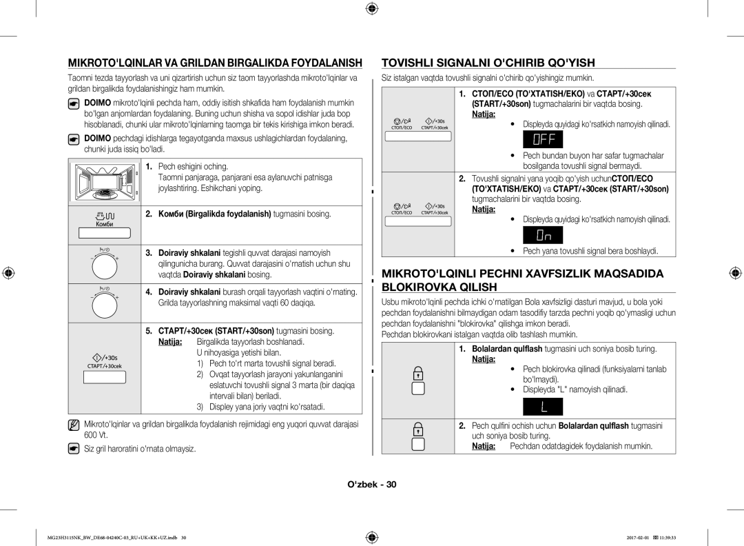 Samsung MG23H3115NW/BW, MG23H3115NK/BW manual Mikrotolqinli Pechni Xavfsizlik Maqsadida Blokirovka Qilish 