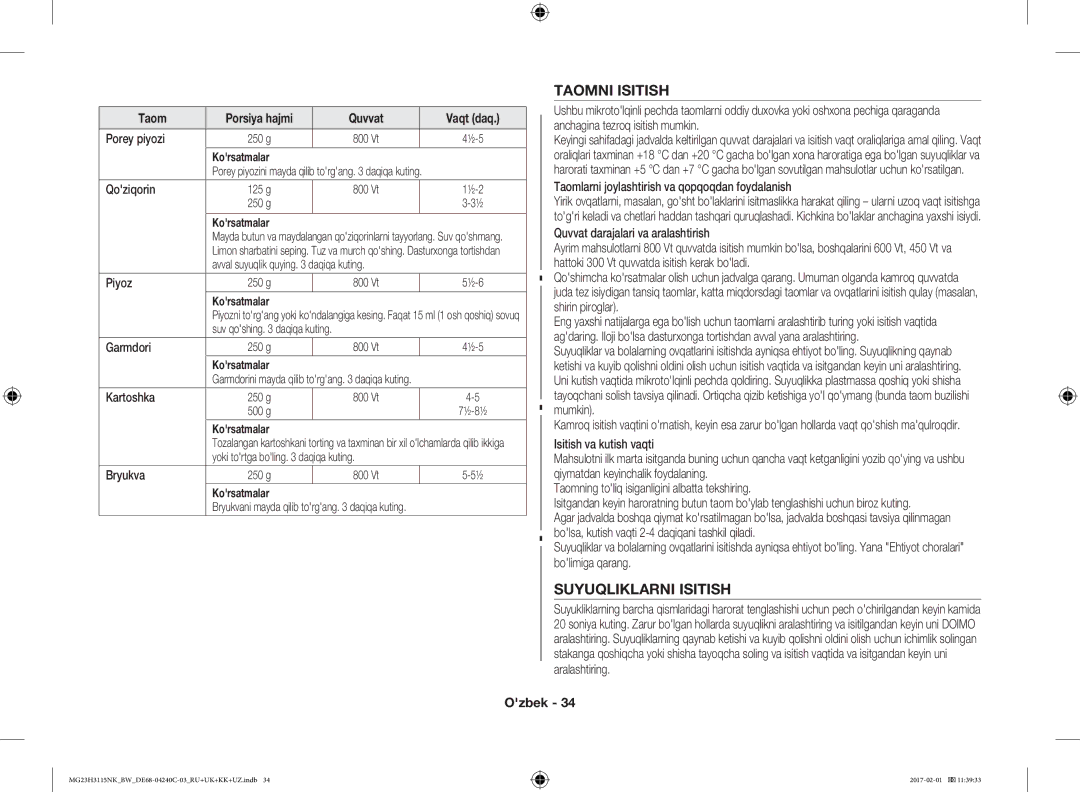 Samsung MG23H3115NW/BW, MG23H3115NK/BW manual Taomni Isitish, Suyuqliklarni Isitish 