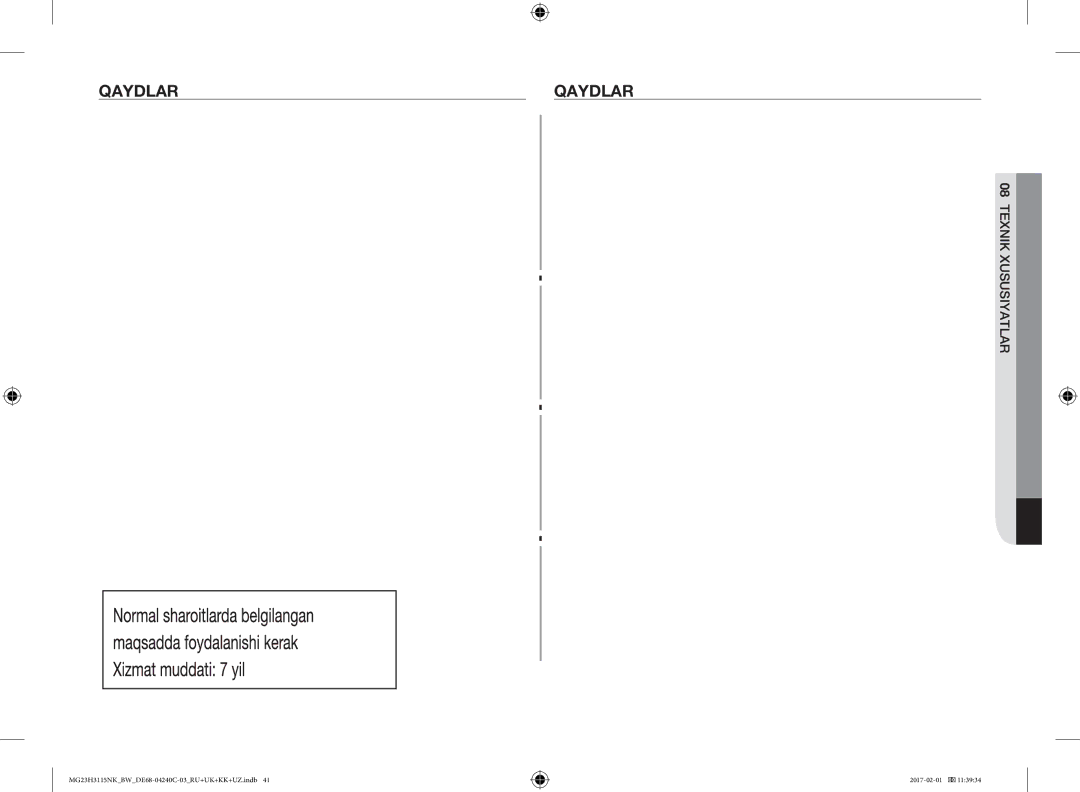 Samsung MG23H3115NK/BW, MG23H3115NW/BW manual Qaydlar, 08TEXNIK Xususiyatlar 