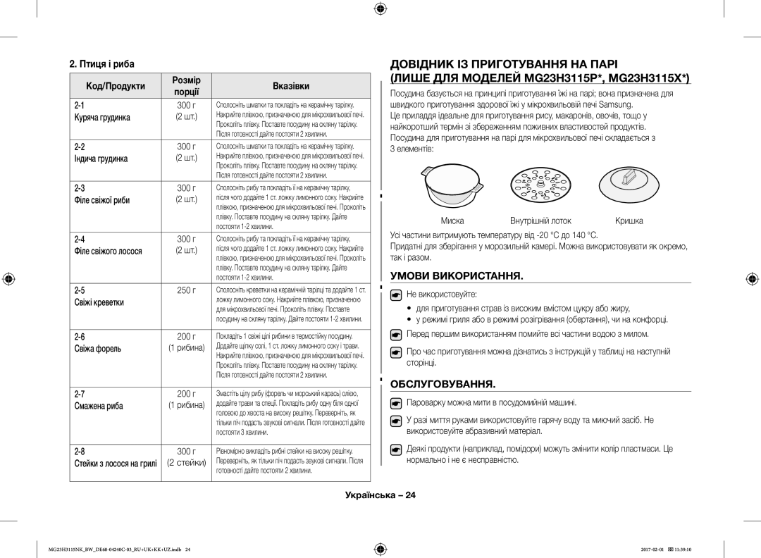 Samsung MG23H3115NW/BW, MG23H3115NK/BW manual Птиця і риба, Умови Використання, Обслуговування 