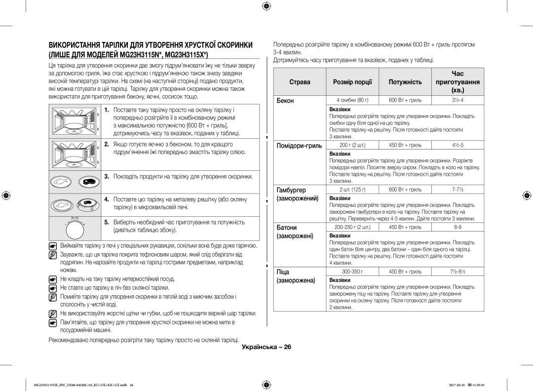 Samsung MG23H3115NW/BW, MG23H3115NK/BW manual Лише ДЛЯ Моделей MG23H3115N*, MG23H3115X, Час, Потужність 