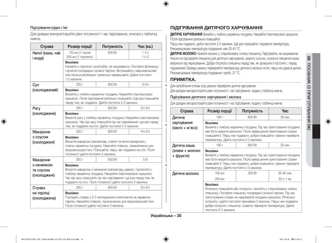 Samsung MG23H3115NK/BW, MG23H3115NW/BW Підігрівання Дитячого Харчування, Примітка, Страва Розмір порції Потужність Час 