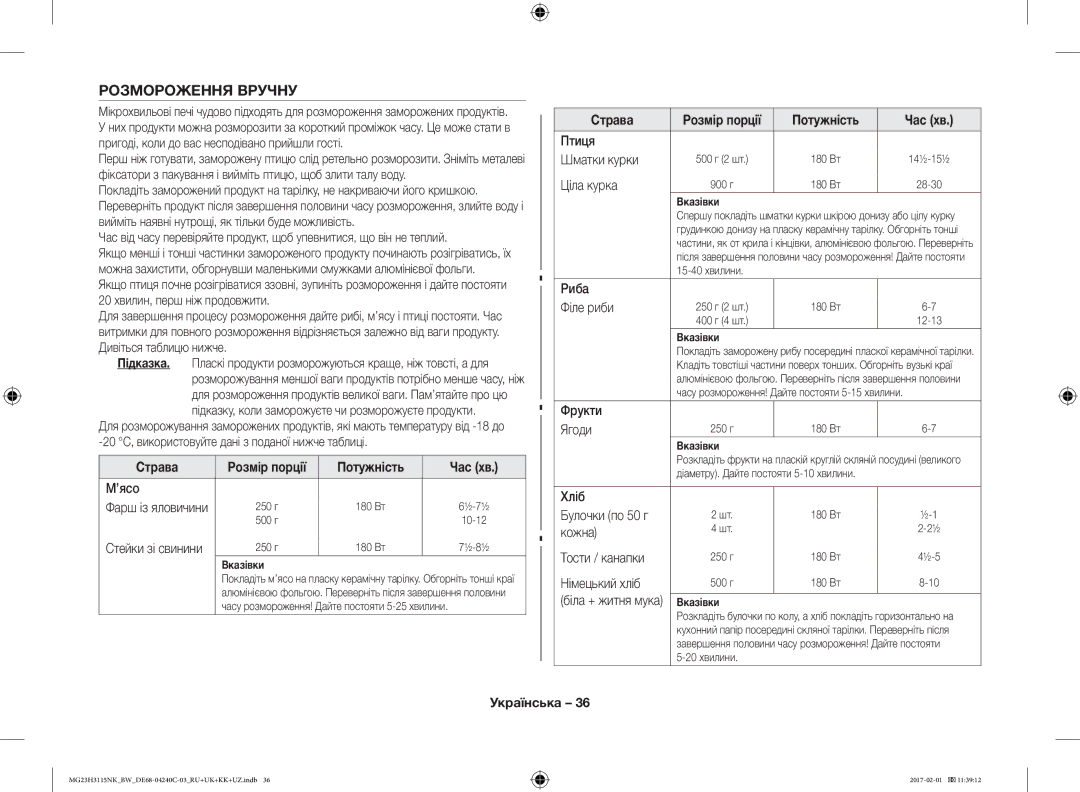 Samsung MG23H3115NW/BW, MG23H3115NK/BW manual Розмороження Вручну 