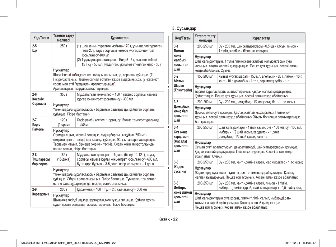 Samsung MG23H3115PR/BW, MG23H3115FR/BW manual Сусындар 