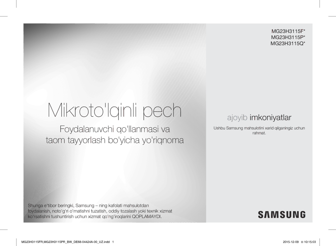 Samsung MG23H3115FR/BW, MG23H3115PR/BW manual Mikrotolqinli pech, Ushbu Samsung mahsulotini xarid qilganingiz uchun Rahmat 