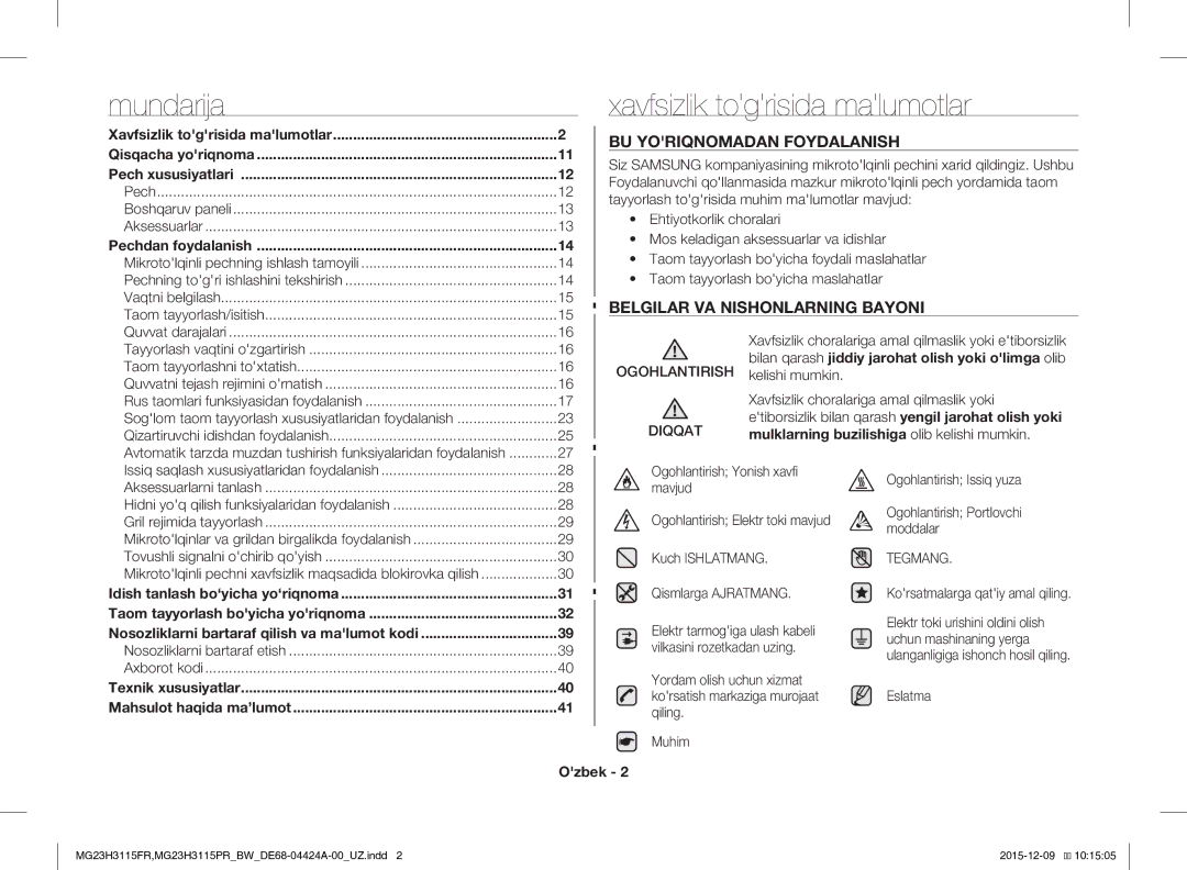 Samsung MG23H3115PR/BW Xavfsizlik togrisida malumotlar, BU Yoriqnomadan Foydalanish, Belgilar VA Nishonlarning Bayoni 