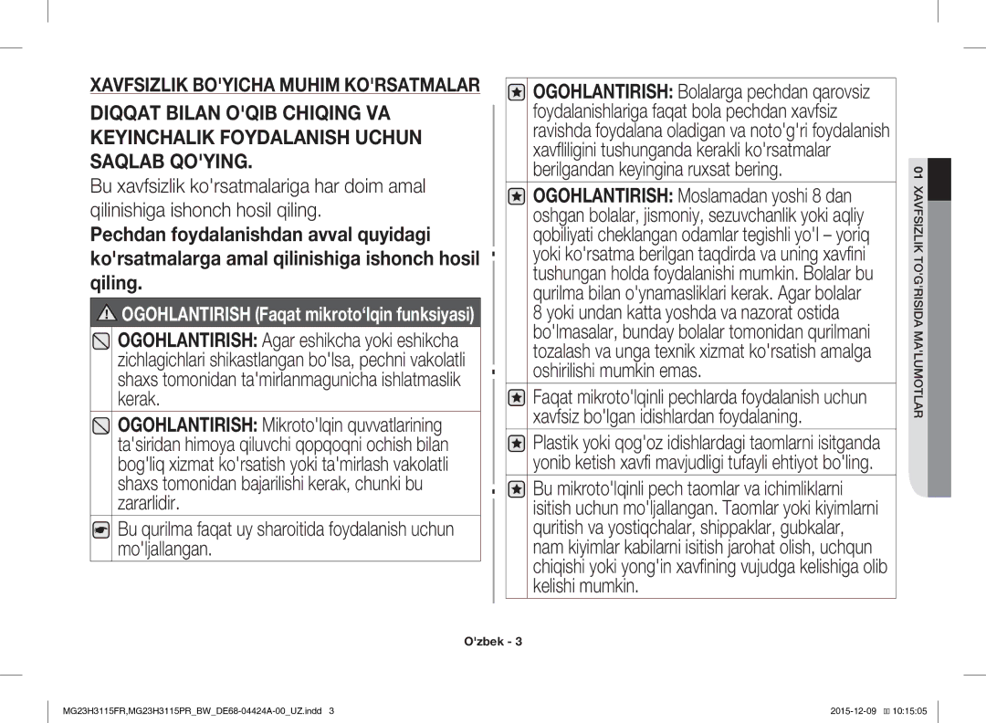 Samsung MG23H3115FR/BW, MG23H3115PR/BW manual Xavfsizlik Boyicha Muhim Korsatmalar 