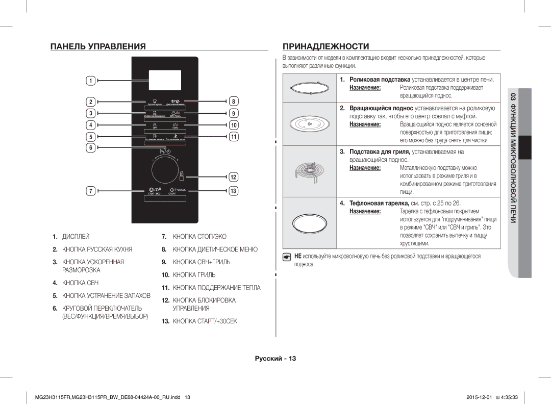 Samsung MG23H3115FR/BW, MG23H3115PR/BW manual Панель Управления, Принадлежности, Тефлоновая тарелка, см. стр. с 25 по 