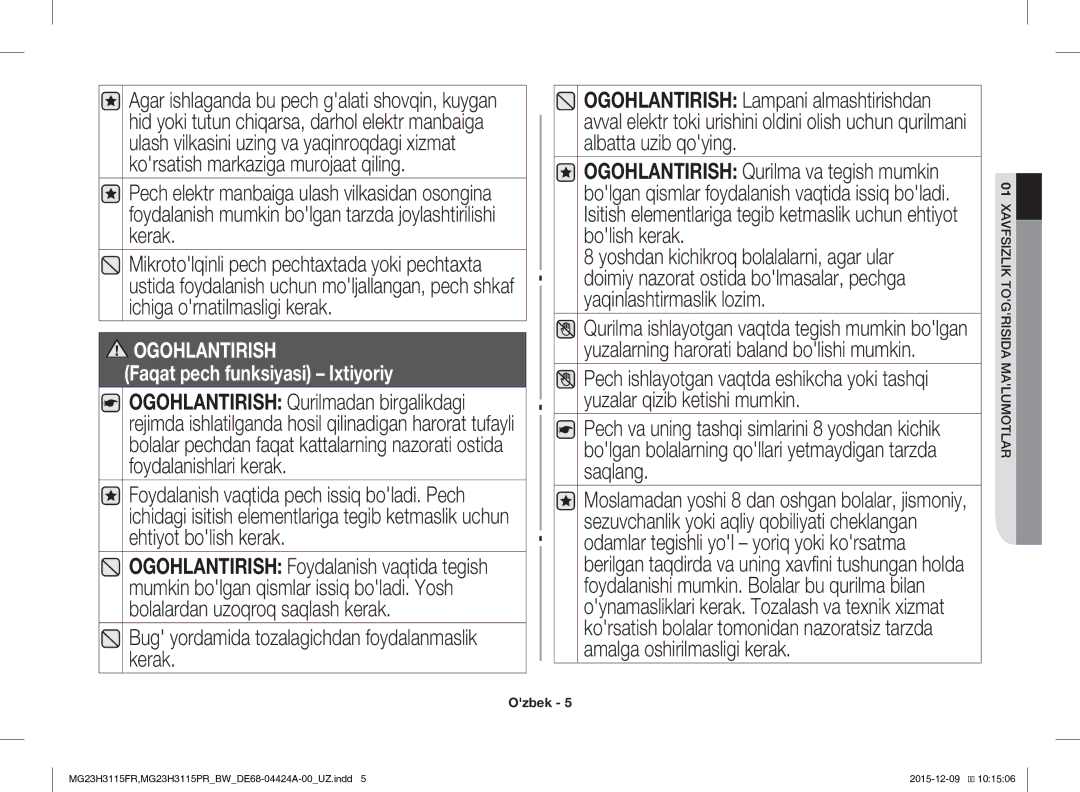 Samsung MG23H3115FR/BW, MG23H3115PR/BW manual Bug yordamida tozalagichdan foydalanmaslik kerak, Ogohlantirish 