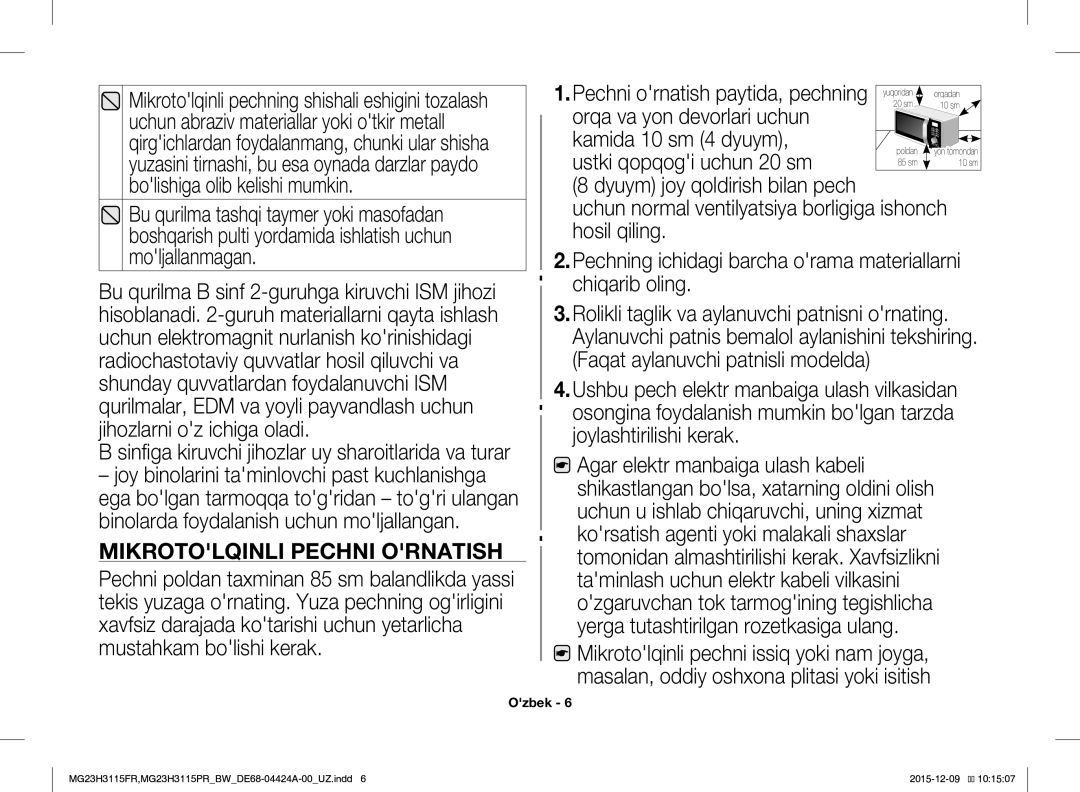 Samsung MG23H3115PR/BW, MG23H3115FR/BW manual Mikrotolqinli Pechni Ornatish 