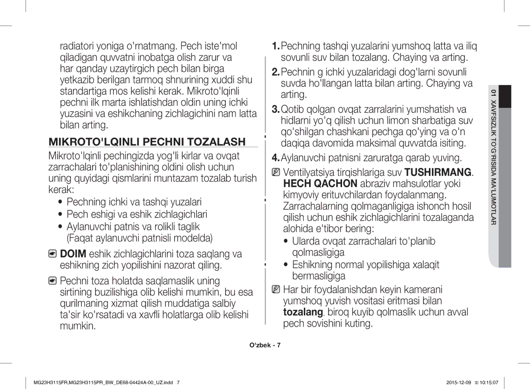 Samsung MG23H3115FR/BW, MG23H3115PR/BW manual Mikrotolqinli Pechni Tozalash, Aylanuvchi patnisni zaruratga qarab yuving 