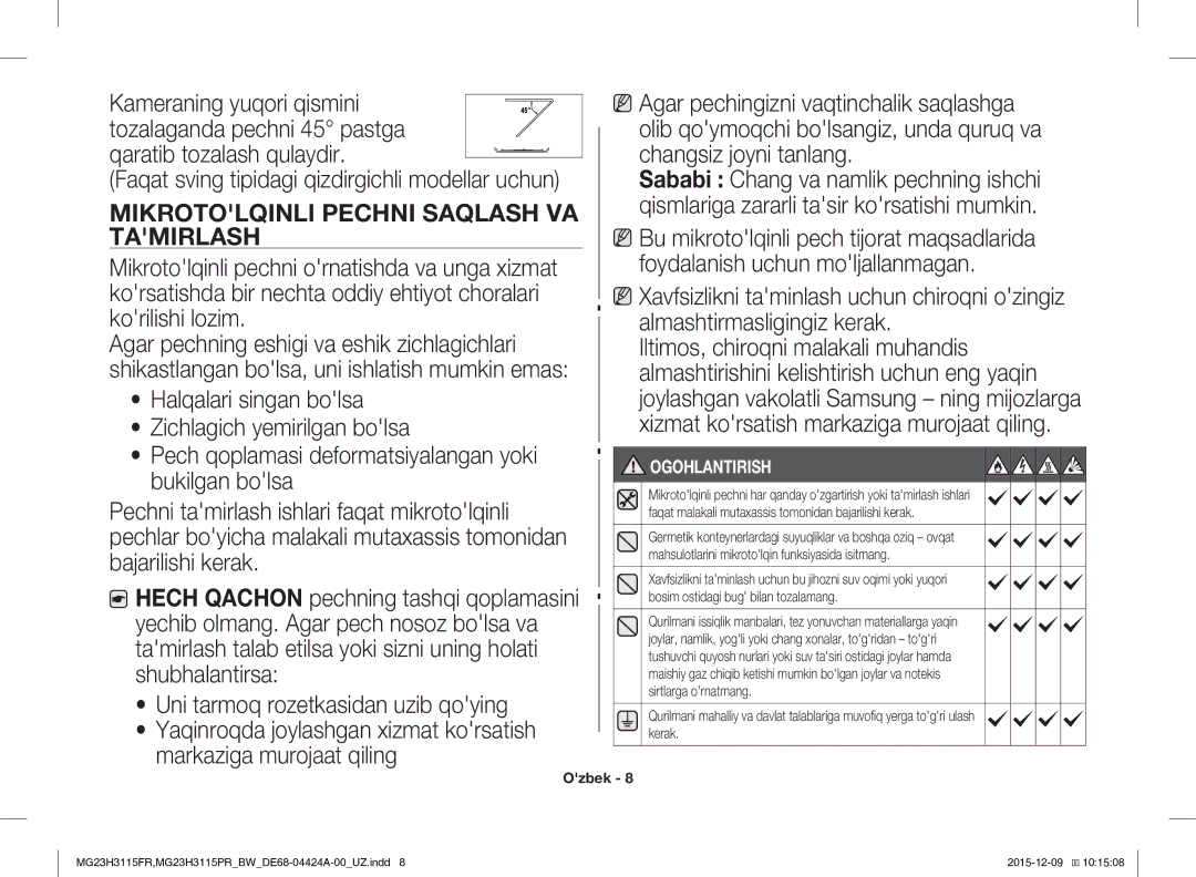 Samsung MG23H3115PR/BW, MG23H3115FR/BW manual Qaratib tozalash qulaydir, Mikrotolqinli Pechni Saqlash VA Tamirlash 