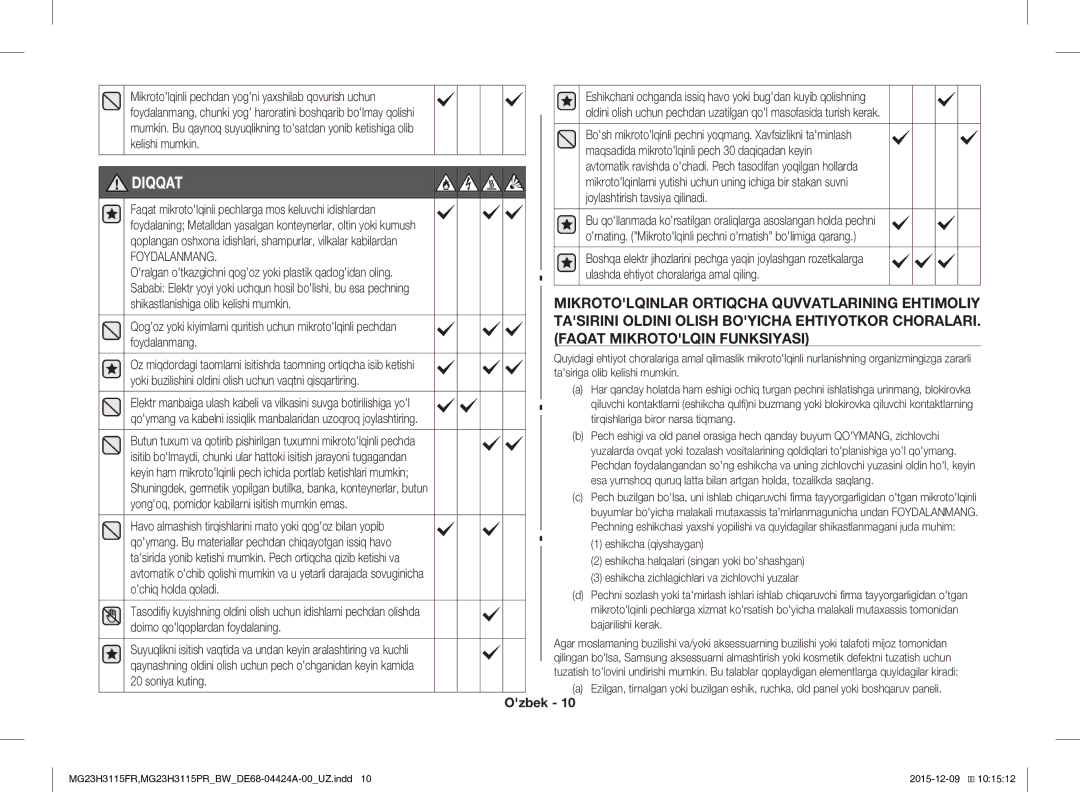 Samsung MG23H3115PR/BW, MG23H3115FR/BW manual Diqqat, Foydalanmang 