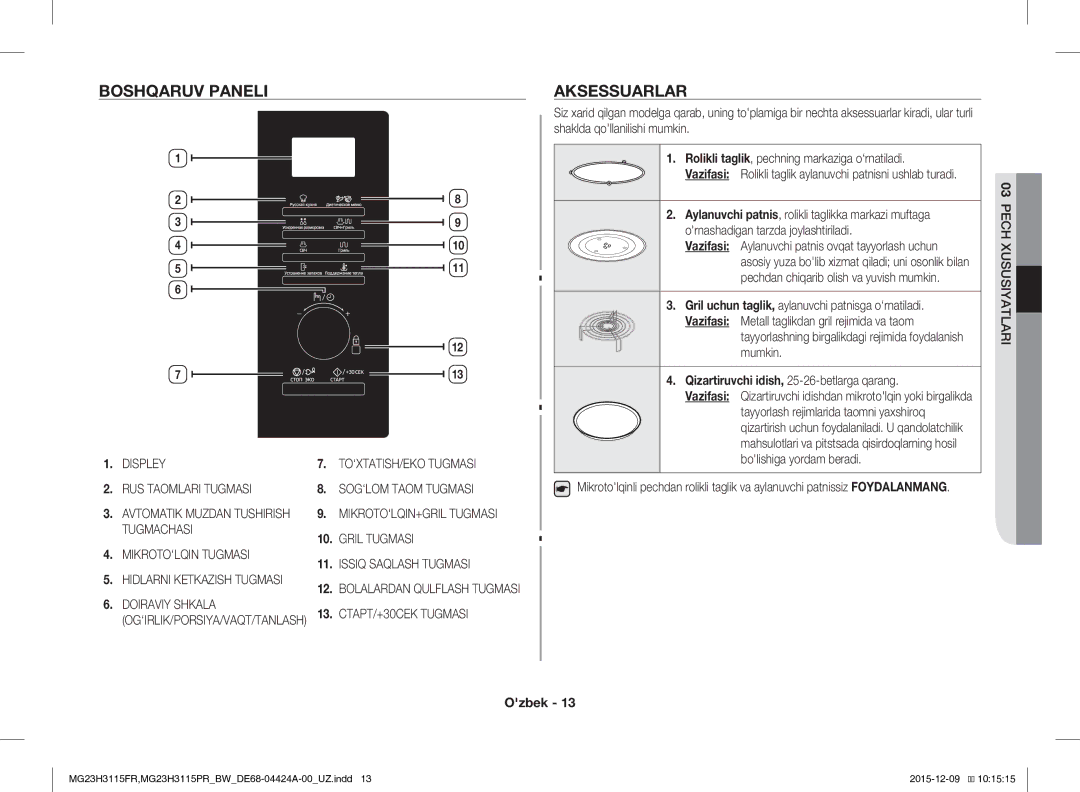 Samsung MG23H3115FR/BW, MG23H3115PR/BW manual Boshqaruv Paneli, Aksessuarlar, Pech Xususiyatlari 