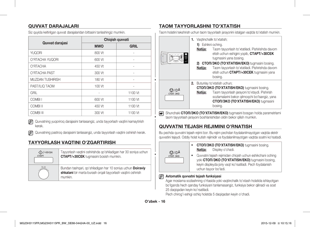 Samsung MG23H3115PR/BW, MG23H3115FR/BW Quvvat Darajalari Taom Tayyorlashni Toxtatish, Quvvatni Tejash Rejimini Ornatish 