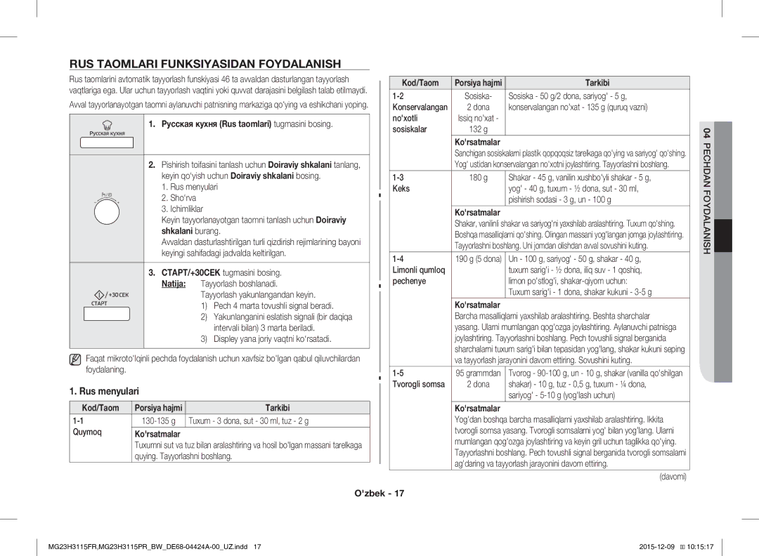 Samsung MG23H3115FR/BW RUS Taomlari Funksiyasidan Foydalanish, Rus menyulari, Русская кухня Rus taomlari tugmasini bosing 