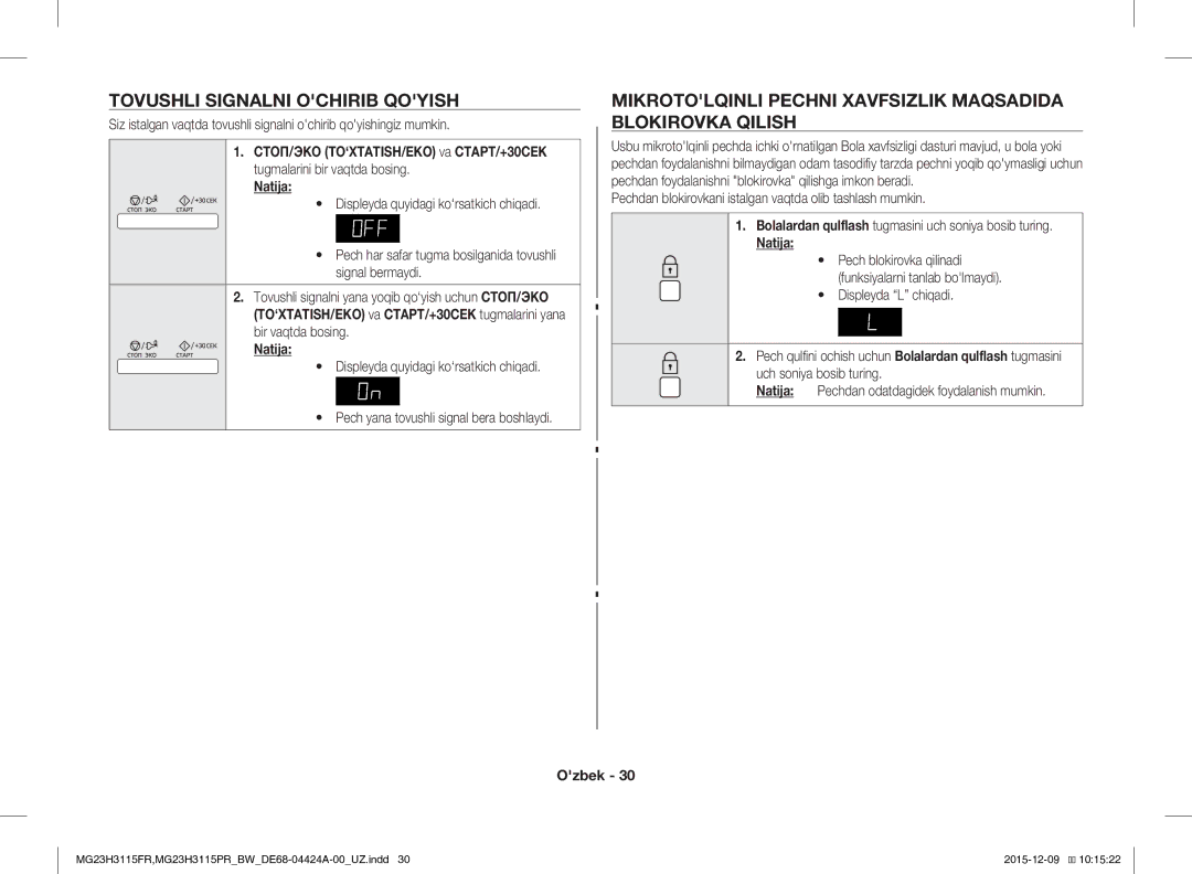 Samsung MG23H3115PR/BW manual Tovushli Signalni Ochirib Qoyish, Mikrotolqinli Pechni Xavfsizlik Maqsadida Blokirovka Qilish 