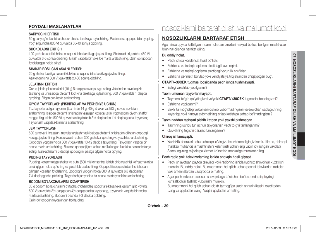 Samsung MG23H3115FR/BW, MG23H3115PR/BW manual Nosozliklarni Bartaraf Etish, Foydali Maslahatlar 