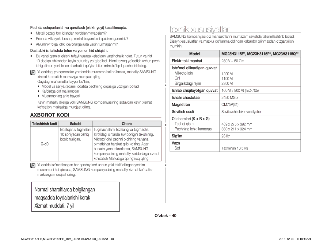 Samsung MG23H3115PR/BW, MG23H3115FR/BW manual Texnik xususiyatlar, Axborot Kodi, Sababi Chora, Model 