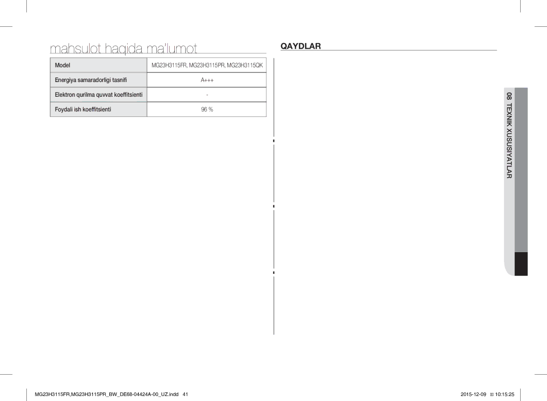 Samsung MG23H3115FR/BW, MG23H3115PR/BW manual Qaydlar, Texnik Xususiyatlar, Model Energiya samaradorligi tasnifi 