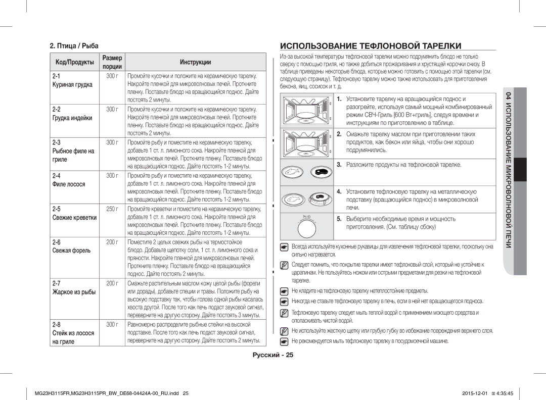 Samsung MG23H3115FR/BW, MG23H3115PR/BW manual Использование Тефлоновой Тарелки, Птица / Рыба 