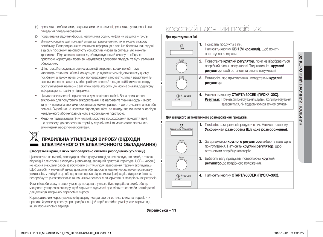 Samsung MG23H3115FR/BW, MG23H3115PR/BW manual Короткий наочний посібник, Правильна Утилізація Виробу Відходи 