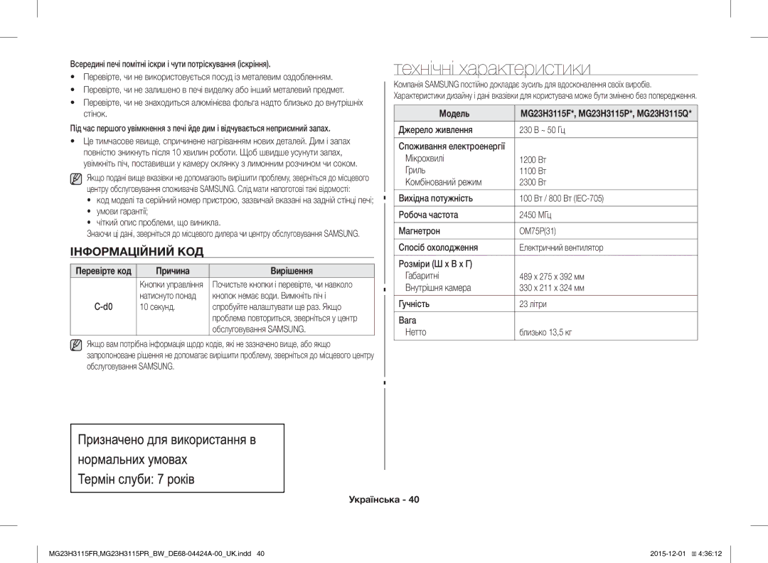 Samsung MG23H3115PR/BW, MG23H3115FR/BW manual Технічні характеристики, Інформаційний КОД, Причина Вирішення 