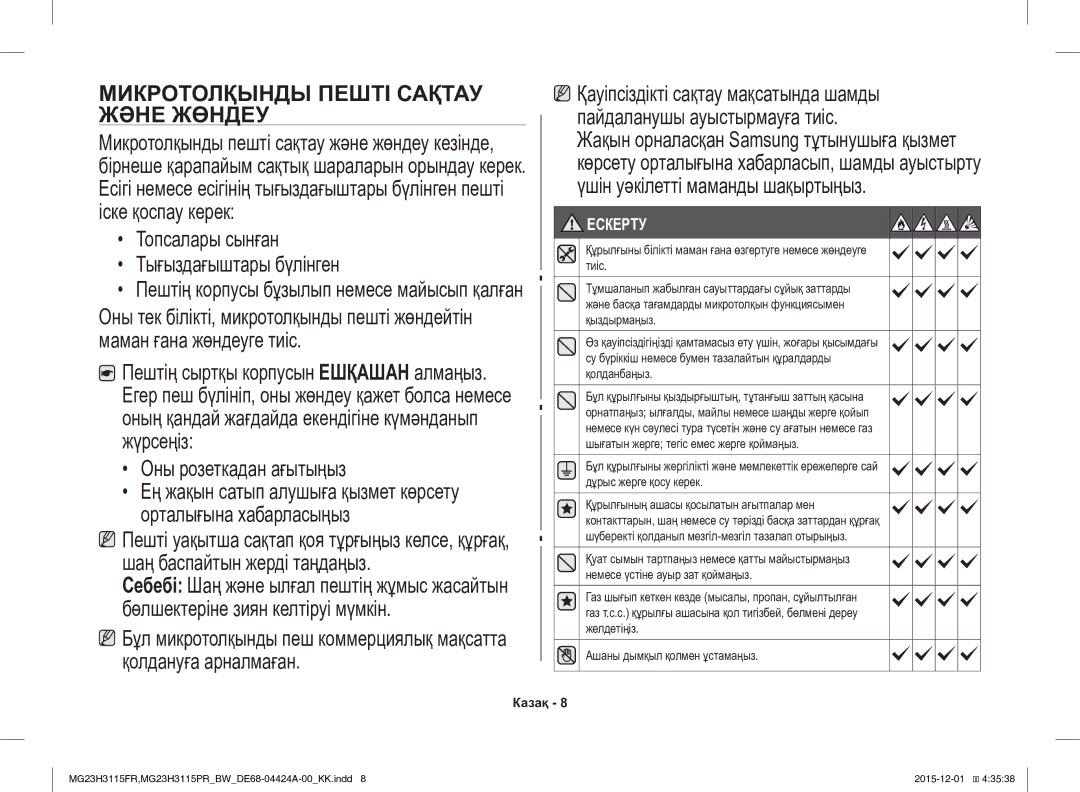 Samsung MG23H3115PR/BW, MG23H3115FR/BW manual Микротолқынды Пешті Сақтау, Және Жөндеу 