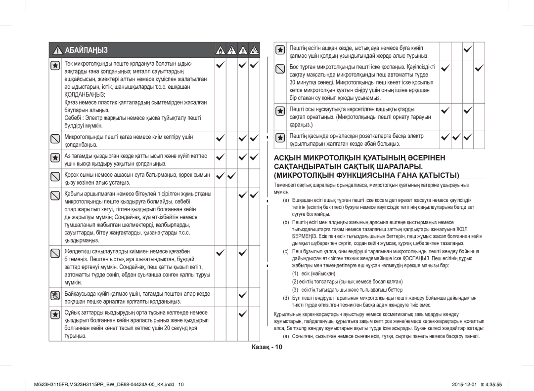 Samsung MG23H3115PR/BW, MG23H3115FR/BW manual Абайлаңыз, Қолданбаңыз 