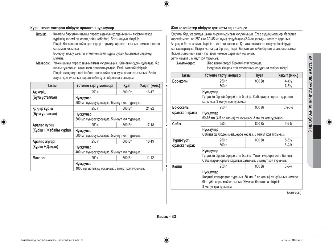 Samsung MG23H3115QK/BW Күріш және макарон пісіруге арналған нұсқаулар, Ақ күріш, Буға ұсталған Нұсқаулар, Аралас күріш 