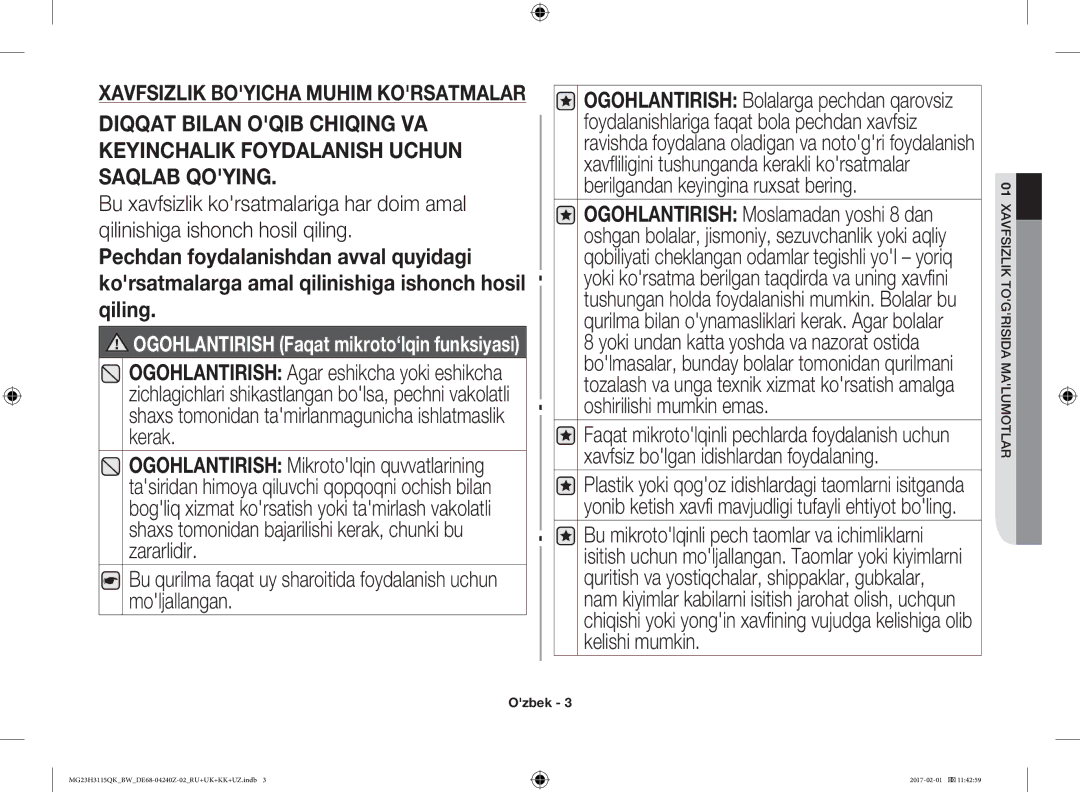 Samsung MG23H3115QK/BW manual Xavfsizlik Boyicha Muhim Korsatmalar 