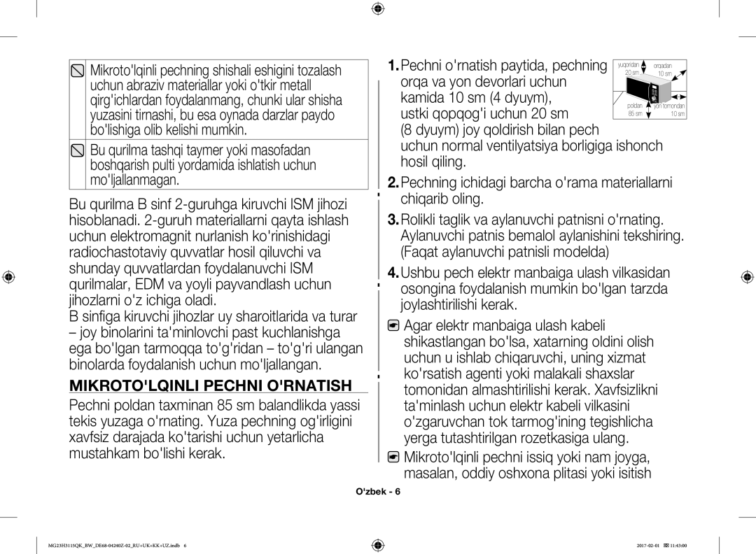 Samsung MG23H3115QK/BW manual Mikrotolqinli Pechni Ornatish 