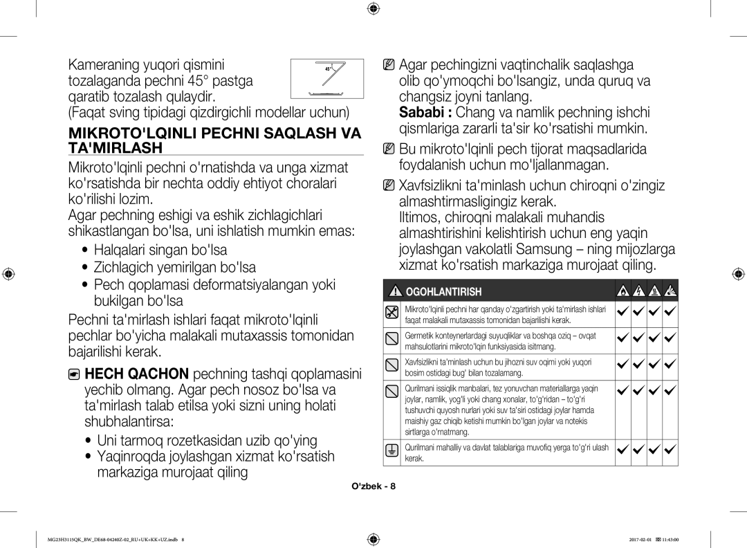 Samsung MG23H3115QK/BW manual Qaratib tozalash qulaydir, Mikrotolqinli Pechni Saqlash VA Tamirlash 