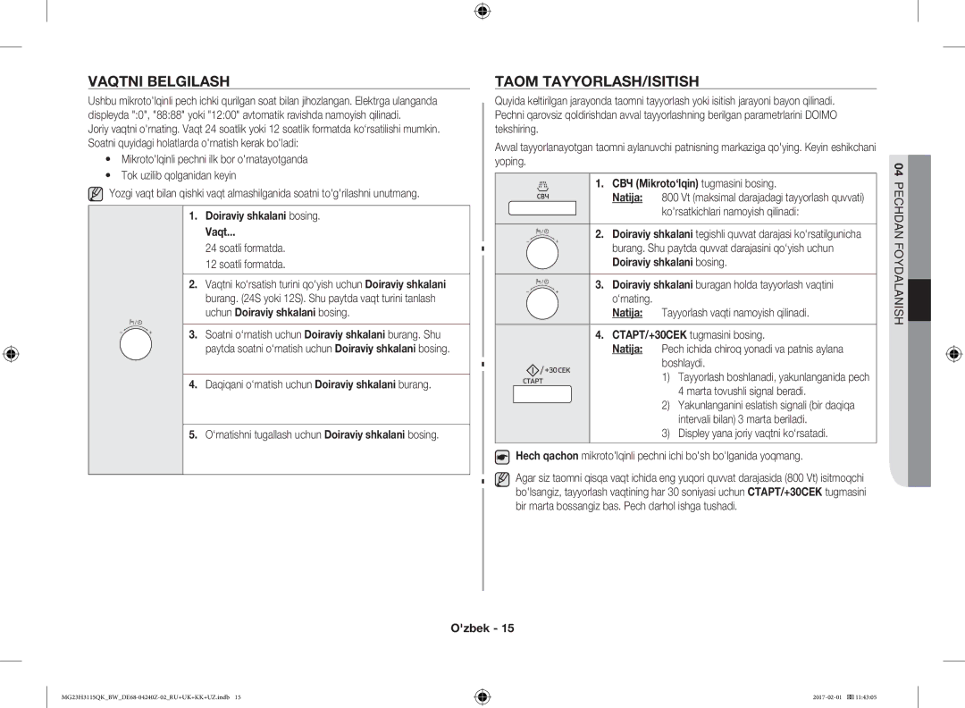 Samsung MG23H3115QK/BW manual Vaqtni Belgilash, Taom TAYYORLASH/ISITISH, Doiraviy shkalani bosing Vaqt, Natija 