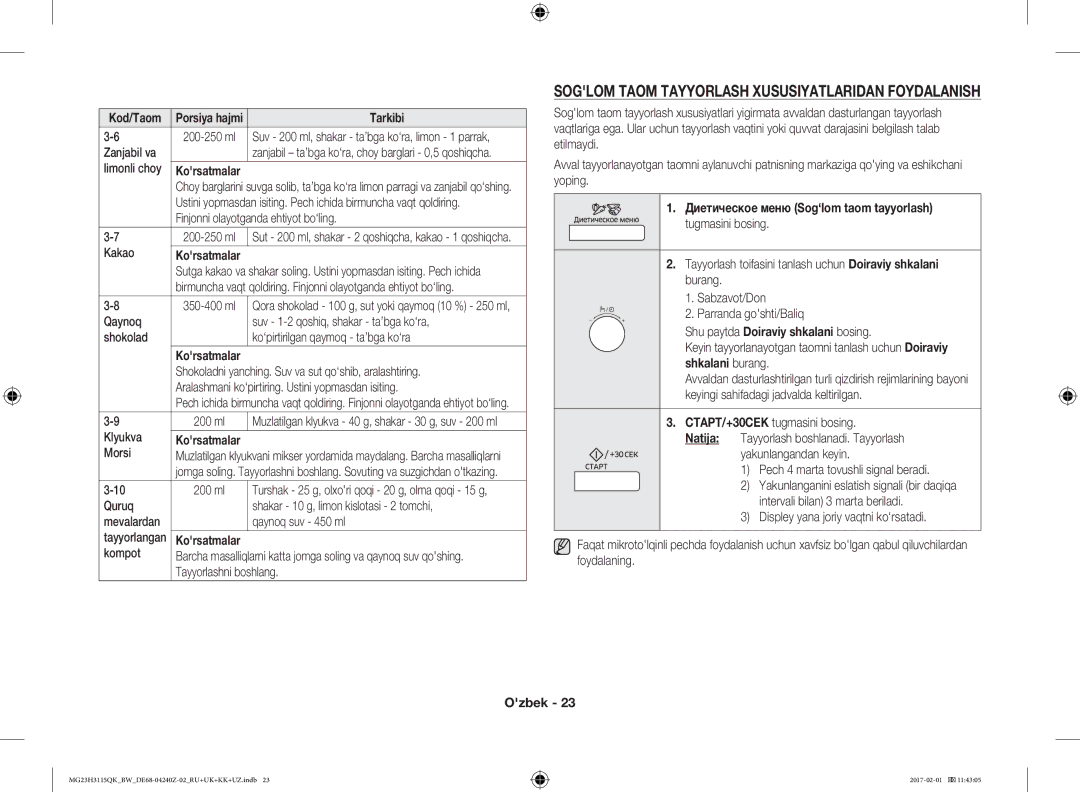 Samsung MG23H3115QK/BW manual Диетическое меню Sog‘lom taom tayyorlash 