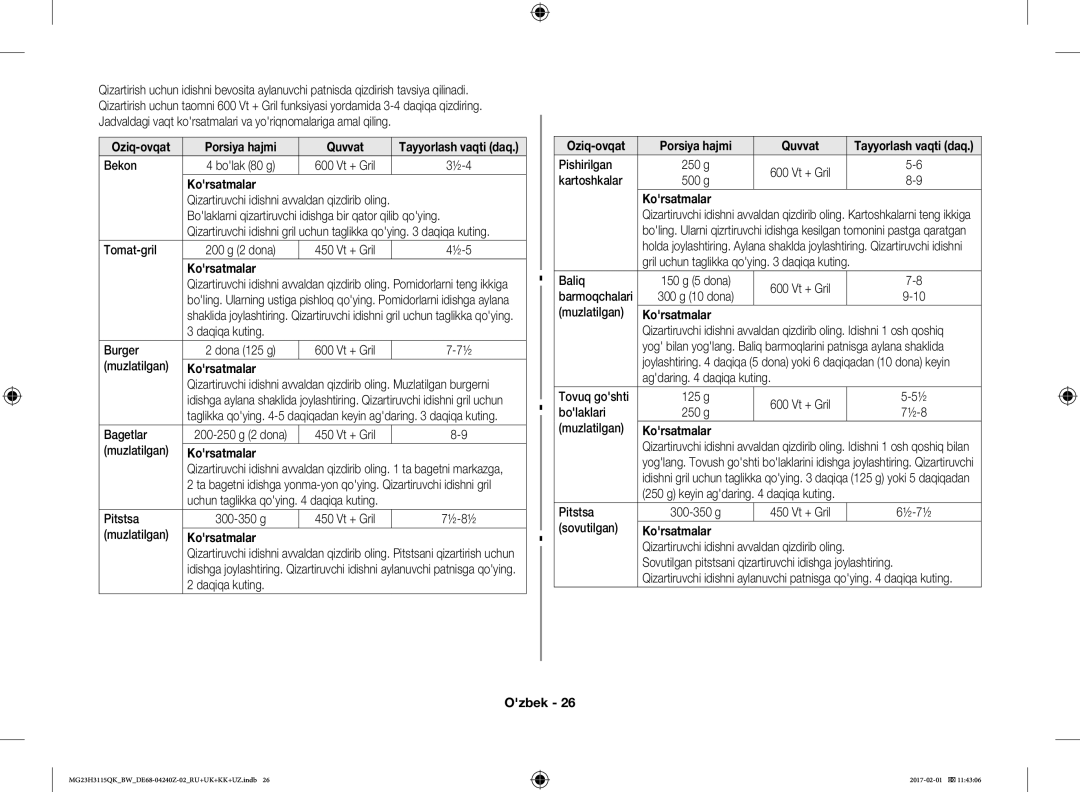 Samsung MG23H3115QK/BW manual Porsiya hajmi Quvvat 