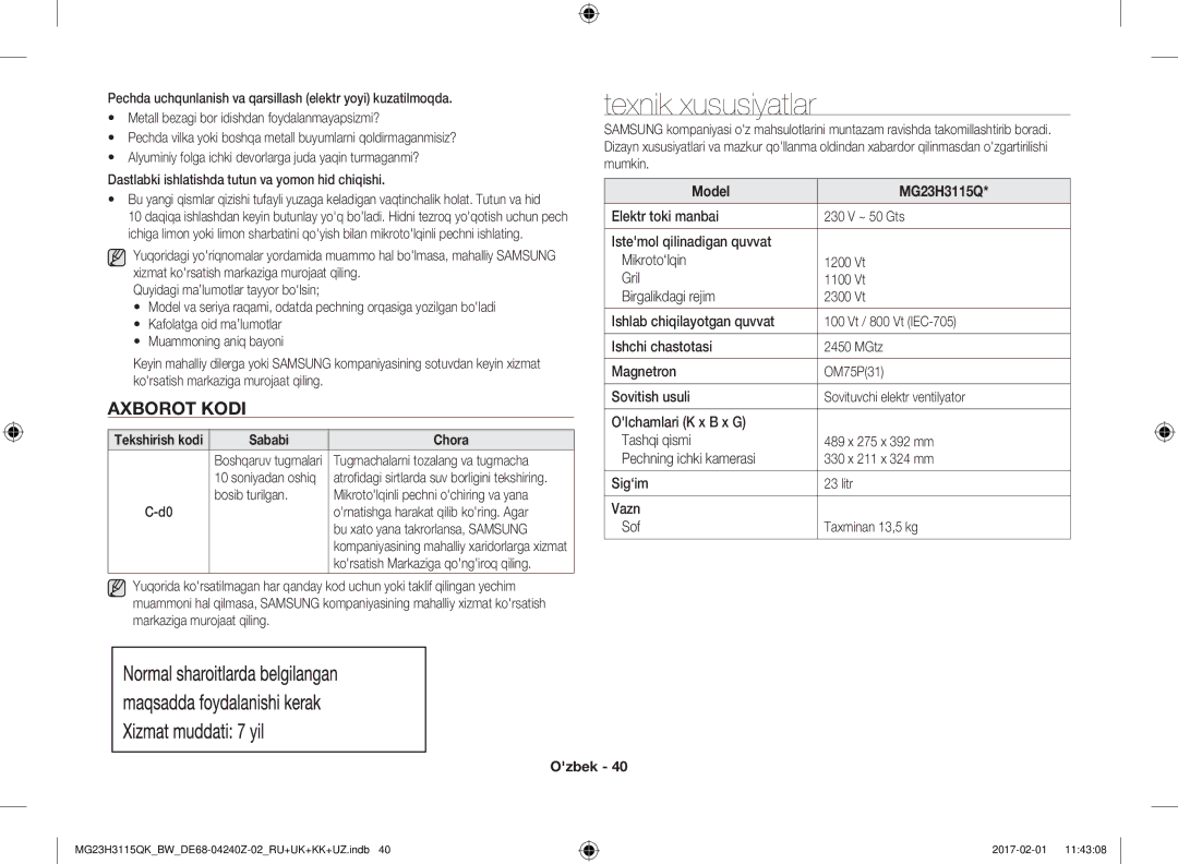 Samsung MG23H3115QK/BW manual Texnik xususiyatlar, Axborot Kodi, Sababi Chora, Model MG23H3115Q 