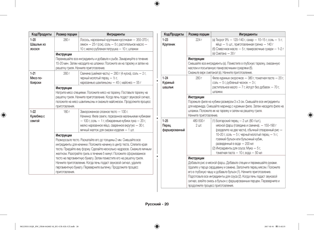 Samsung MG23H3115QK/BW manual Шашлык из, Лосося, Мясо по Черный молотый перец ½ г Боярски, Замороженное слоеное тесто 130 г 