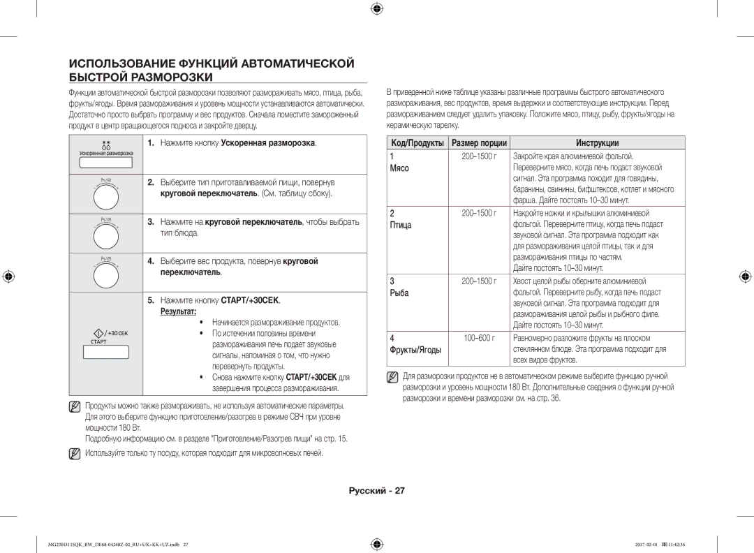 Samsung MG23H3115QK/BW manual Использование Функций Автоматической Быстрой Разморозки, Нажмите кнопку Ускоренная разморозка 