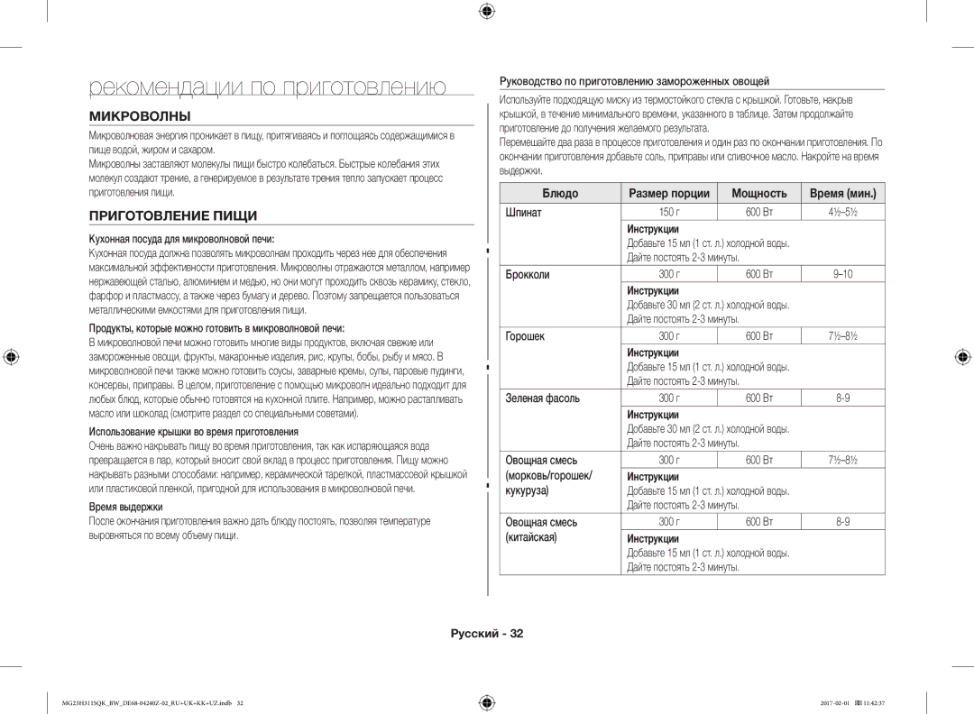 Samsung MG23H3115QK/BW manual Рекомендации по приготовлению, Микроволны, Приготовление Пищи, Мощность 