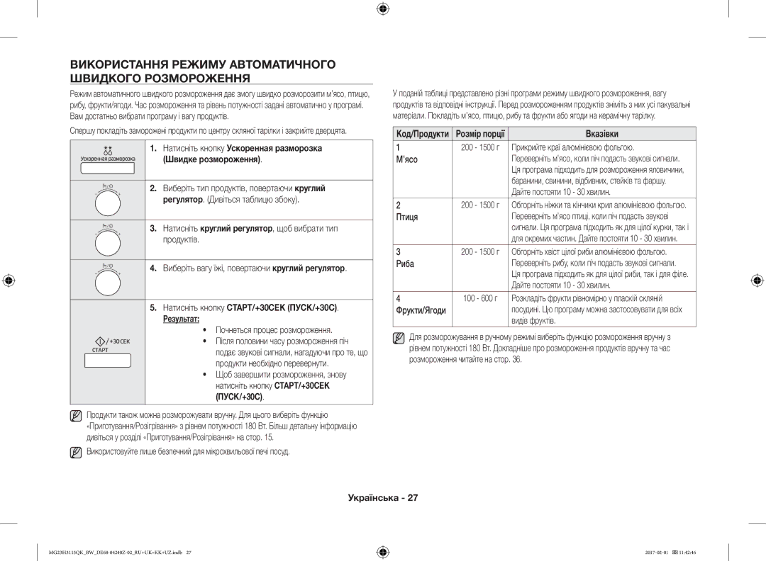 Samsung MG23H3115QK/BW manual Використання Режиму Автоматичного Швидкого Розмороження, Код/Продукти Розмір порції 