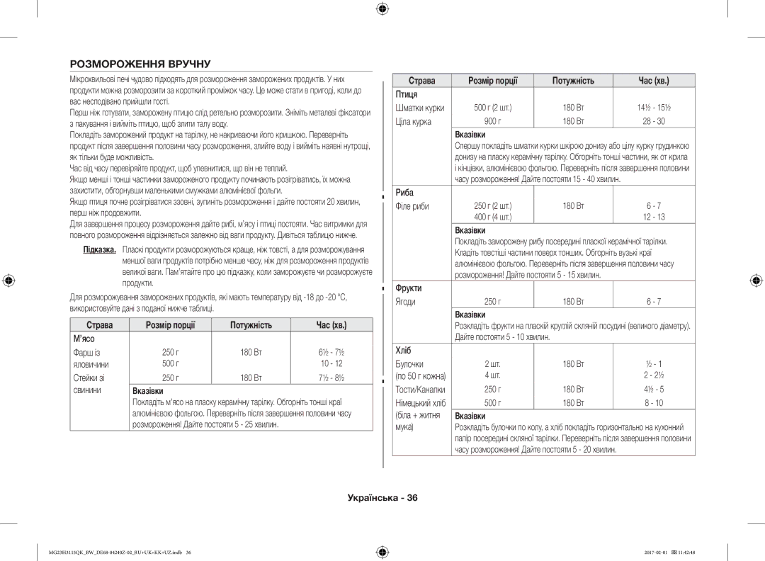 Samsung MG23H3115QK/BW manual Розмороження Вручну 