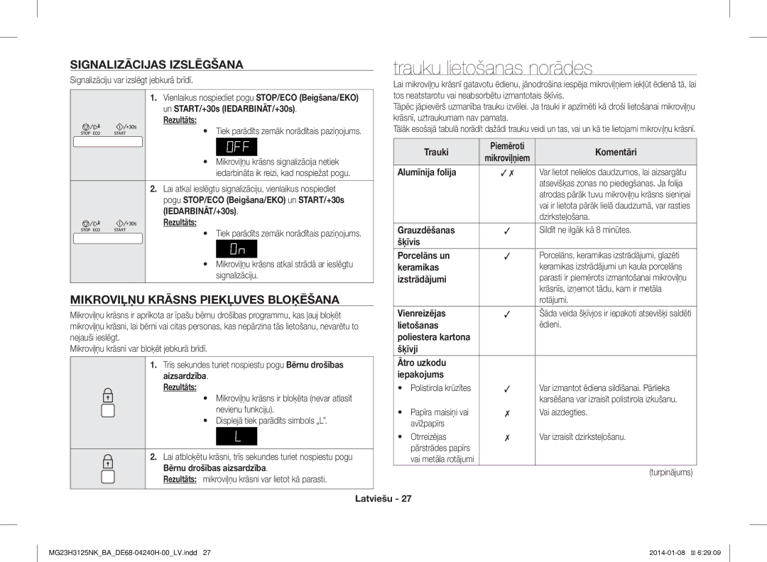 Samsung MG23H3125NK/BA manual Trauku lietošanas norādes, Signalizācijas Izslēgšana, Mikroviļņu Krāsns Piekļuves Bloķēšana 