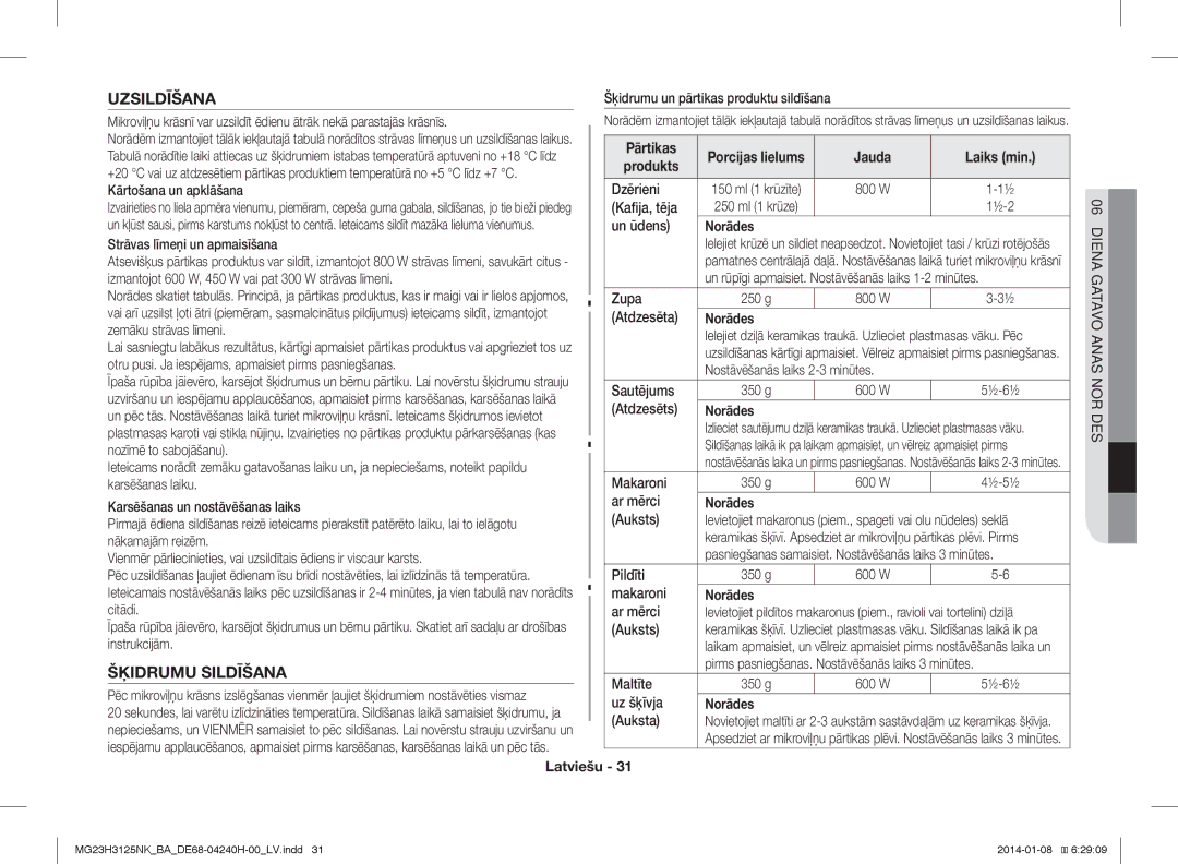 Samsung MG23H3125NK/BA manual Uzsildīšana, Šķidrumu Sildīšana 